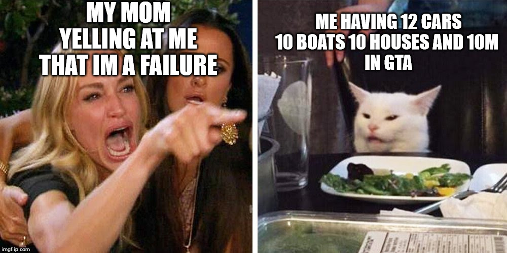 Smudge the cat | MY MOM YELLING AT ME THAT IM A FAILURE; ME HAVING 12 CARS
10 BOATS 10 HOUSES AND 10M 
IN GTA | image tagged in smudge the cat | made w/ Imgflip meme maker