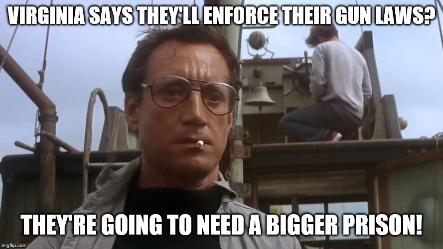 Going to need a bigger boat | VIRGINIA SAYS THEY'LL ENFORCE THEIR GUN LAWS? THEY'RE GOING TO NEED A BIGGER PRISON! | image tagged in going to need a bigger boat | made w/ Imgflip meme maker