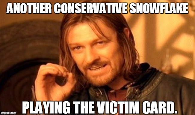One Does Not Simply Meme | ANOTHER CONSERVATIVE SNOWFLAKE PLAYING THE VICTIM CARD. | image tagged in memes,one does not simply | made w/ Imgflip meme maker