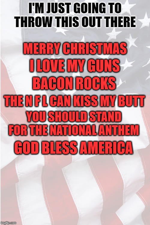 merry christmas | I'M JUST GOING TO THROW THIS OUT THERE; MERRY CHRISTMAS; I LOVE MY GUNS; BACON ROCKS; THE N F L CAN KISS MY BUTT; YOU SHOULD STAND FOR THE NATIONAL ANTHEM; GOD BLESS AMERICA | image tagged in merry christmas,meme | made w/ Imgflip meme maker