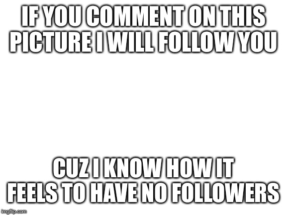 Idc about upvotes but if you would like to give one it would be appreciated | IF YOU COMMENT ON THIS PICTURE I WILL FOLLOW YOU; CUZ I KNOW HOW IT FEELS TO HAVE NO FOLLOWERS | image tagged in blank white template | made w/ Imgflip meme maker