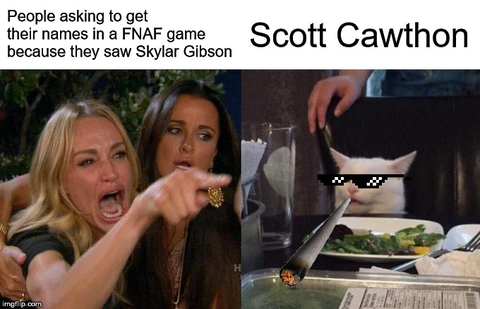Woman Yelling At Cat Meme | People asking to get their names in a FNAF game because they saw Skylar Gibson; Scott Cawthon | image tagged in memes,woman yelling at cat | made w/ Imgflip meme maker
