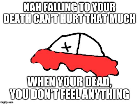 Blank White Template | NAH FALLING TO YOUR DEATH CAN'T HURT THAT MUCH WHEN YOUR DEAD, YOU DON'T FEEL ANYTHING | image tagged in blank white template | made w/ Imgflip meme maker