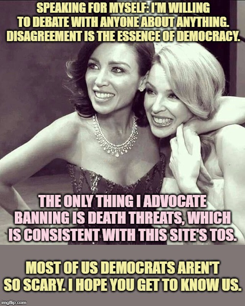 "How can you demand acceptance when you don't tolerate opposing viewpoints?" Guess what: we do! | SPEAKING FOR MYSELF: I'M WILLING TO DEBATE WITH ANYONE ABOUT ANYTHING. DISAGREEMENT IS THE ESSENCE OF DEMOCRACY. THE ONLY THING I ADVOCATE B | image tagged in dannii  kylie,tolerance,debate,politics,democrats,respect | made w/ Imgflip meme maker