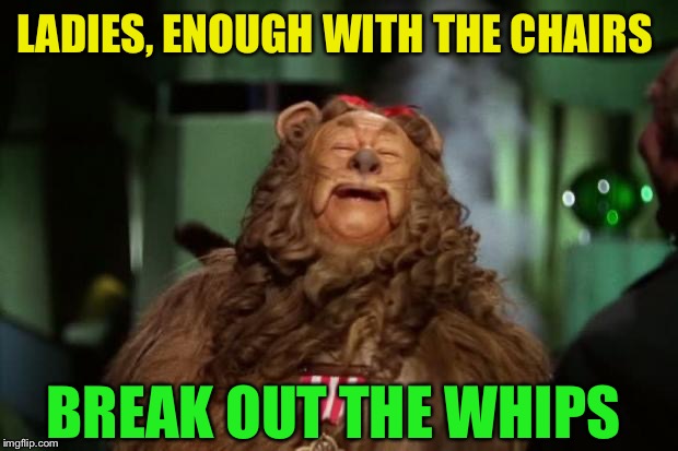 cowardly lion | LADIES, ENOUGH WITH THE CHAIRS BREAK OUT THE WHIPS | image tagged in cowardly lion | made w/ Imgflip meme maker