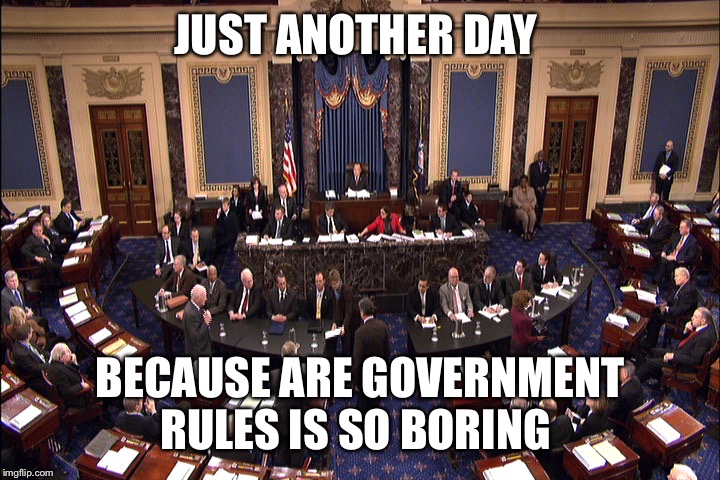 Senate floor | JUST ANOTHER DAY; BECAUSE ARE GOVERNMENT RULES IS SO BORING | image tagged in senate floor | made w/ Imgflip meme maker