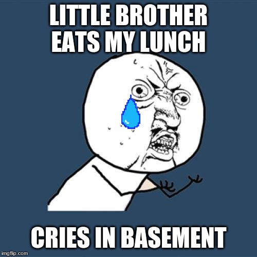 Y U No Meme | LITTLE BROTHER EATS MY LUNCH; CRIES IN BASEMENT | image tagged in memes,y u no | made w/ Imgflip meme maker