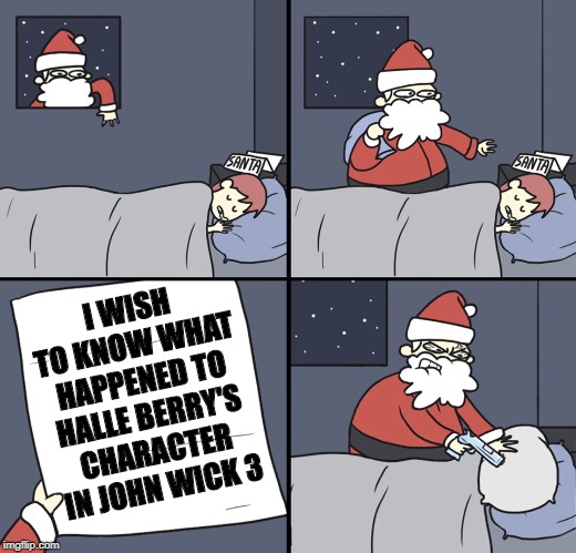 Letter to Murderous Santa | I WISH TO KNOW WHAT HAPPENED TO HALLE BERRY'S CHARACTER IN JOHN WICK 3 | image tagged in letter to murderous santa,gun | made w/ Imgflip meme maker