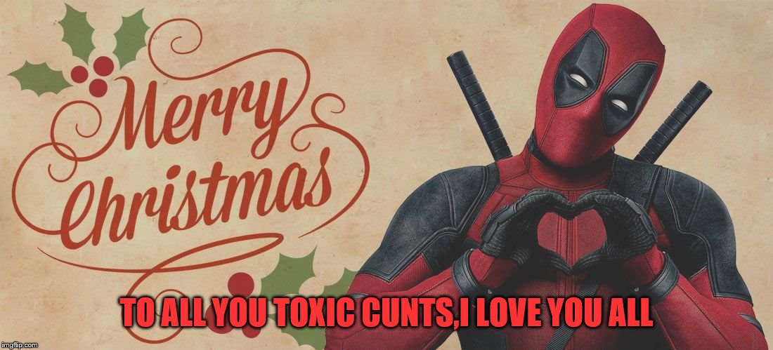 happy holidays to the best gargle-twats on the planet | TO ALL YOU TOXIC CUNTS,I LOVE YOU ALL | image tagged in deadpool,enochlovesyou,hope you all have a great day | made w/ Imgflip meme maker