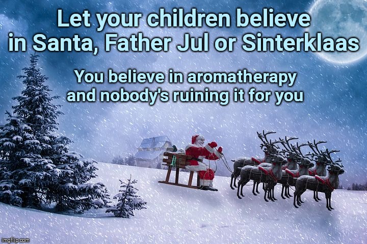 Let kids believe | Let your children believe in Santa, Father Jul or Sinterklaas; You believe in aromatherapy and nobody's ruining it for you | image tagged in santa,children,let kids be kids,winter,holidays,beliefs | made w/ Imgflip meme maker