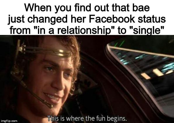 Anakin Skywalker Meme | When you find out that bae just changed her Facebook status from "in a relationship" to "single" | image tagged in this is where the fun begins,anakin skywalker,bae | made w/ Imgflip meme maker