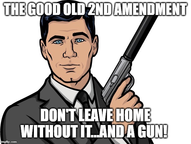 archer gun | THE GOOD OLD 2ND AMENDMENT; DON'T LEAVE HOME WITHOUT IT...AND A GUN! | image tagged in archer gun | made w/ Imgflip meme maker