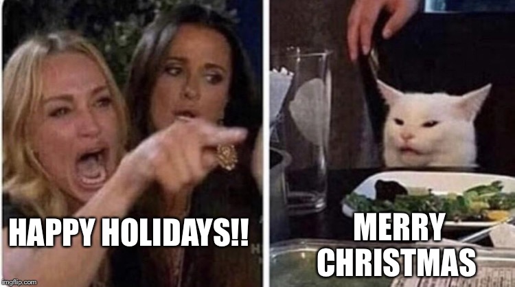 Confused Cat, screaming lady | MERRY CHRISTMAS; HAPPY HOLIDAYS!! | image tagged in confused cat screaming lady | made w/ Imgflip meme maker