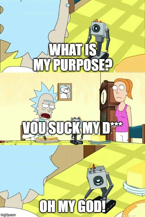 What's My Purpose - Butter Robot | WHAT IS MY PURPOSE? VOU SUCK MY D***; OH MY GOD! | image tagged in what's my purpose - butter robot | made w/ Imgflip meme maker