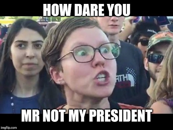 Angry sjw | HOW DARE YOU MR NOT MY PRESIDENT | image tagged in angry sjw | made w/ Imgflip meme maker