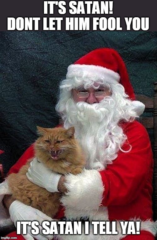 IT'S SATAN! DONT LET HIM FOOL YOU; IT'S SATAN I TELL YA! | image tagged in satan,cats,santa | made w/ Imgflip meme maker