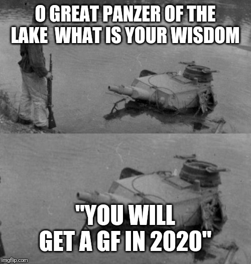 Panzer of the lake | O GREAT PANZER OF THE LAKE  WHAT IS YOUR WISDOM; "YOU WILL GET A GF IN 2020" | image tagged in panzer of the lake | made w/ Imgflip meme maker
