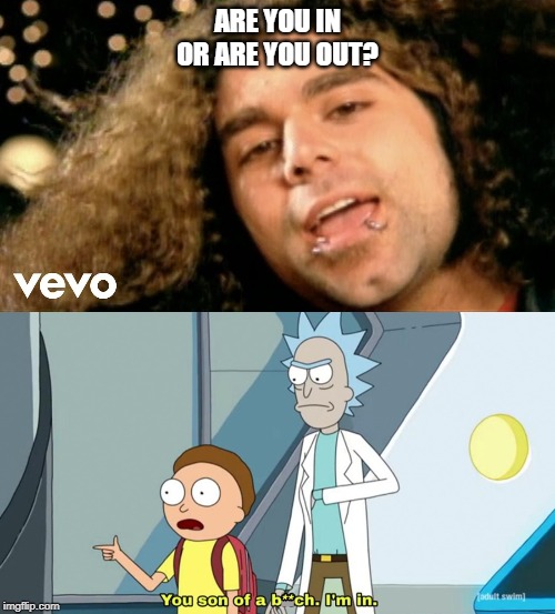 ARE YOU IN OR ARE YOU OUT? | image tagged in rickandmorty | made w/ Imgflip meme maker