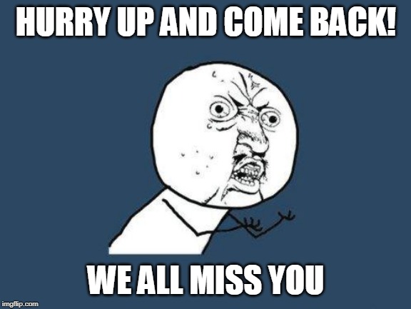 Why you no | HURRY UP AND COME BACK! WE ALL MISS YOU | image tagged in why you no | made w/ Imgflip meme maker