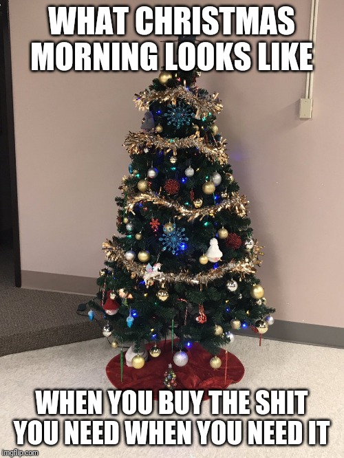 To be honest, I don't even have a tree put up. | WHAT CHRISTMAS MORNING LOOKS LIKE; WHEN YOU BUY THE SHIT YOU NEED WHEN YOU NEED IT | image tagged in no presents under the christmas tree,memes | made w/ Imgflip meme maker