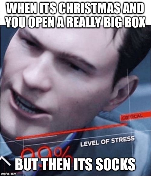 99% Level of Stress | WHEN ITS CHRISTMAS AND YOU OPEN A REALLY BIG BOX; BUT THEN ITS SOCKS | image tagged in 99 level of stress | made w/ Imgflip meme maker