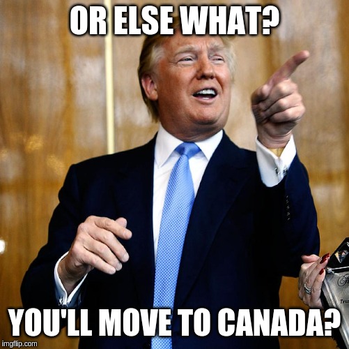 Donal Trump Birthday | OR ELSE WHAT? YOU'LL MOVE TO CANADA? | image tagged in donal trump birthday | made w/ Imgflip meme maker