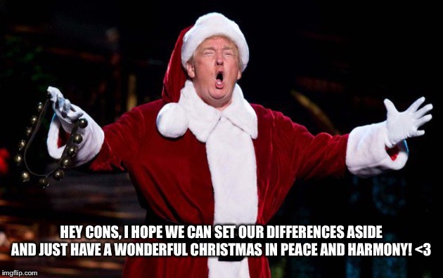 I know this is supposed to be political, but everyone should get a chance to celebrate Christmas, no matter their political side | HEY CONS, I HOPE WE CAN SET OUR DIFFERENCES ASIDE AND JUST HAVE A WONDERFUL CHRISTMAS IN PEACE AND HARMONY! <3 | image tagged in santa trump,santa,christmas,trump | made w/ Imgflip meme maker