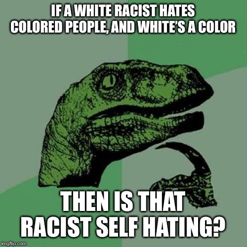 Philosoraptor Meme | IF A WHITE RACIST HATES COLORED PEOPLE, AND WHITE’S A COLOR; THEN IS THAT RACIST SELF HATING? | image tagged in memes,philosoraptor | made w/ Imgflip meme maker