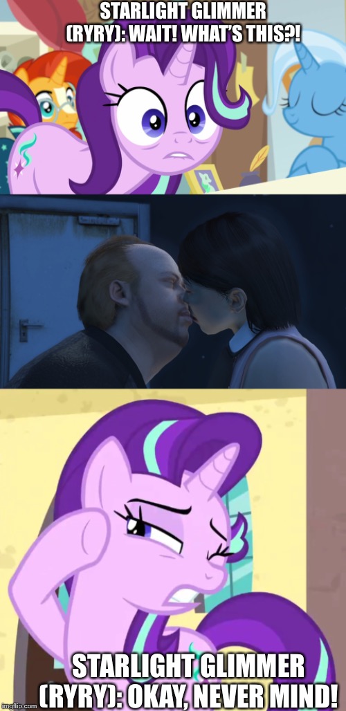 Starlight glimmer (RYRY) reacts GTA Online Lester kissed Georgina at the end of Casino Heist. | STARLIGHT GLIMMER (RYRY): WAIT! WHAT’S THIS?! STARLIGHT GLIMMER (RYRY): OKAY, NEVER MIND! | image tagged in gta online,starlight glimmer,mlp fim,romantic kiss,2019 | made w/ Imgflip meme maker