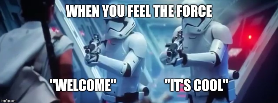 WHEN YOU FEEL THE FORCE; "WELCOME"                   "IT'S COOL" | image tagged in the rise of skywalker,stormtrooper | made w/ Imgflip meme maker