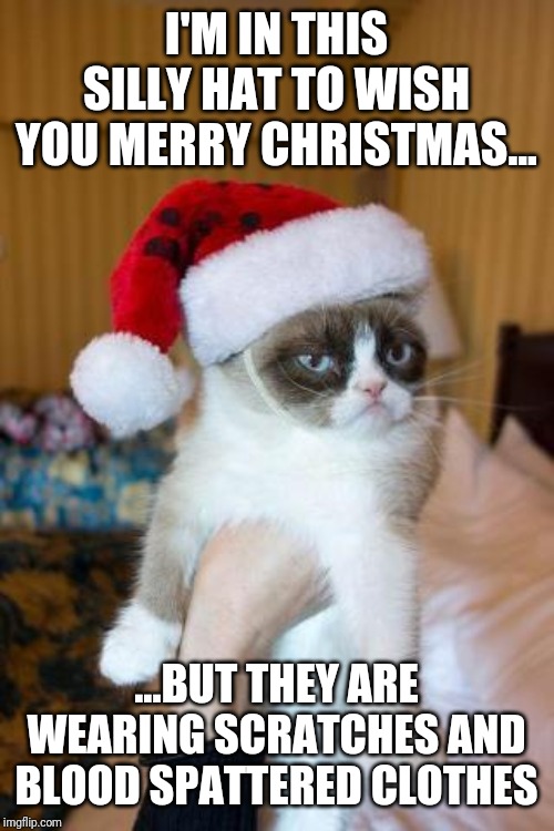 Grumpy Cat Christmas | I'M IN THIS SILLY HAT TO WISH YOU MERRY CHRISTMAS... ...BUT THEY ARE WEARING SCRATCHES AND BLOOD SPATTERED CLOTHES | image tagged in memes,grumpy cat christmas,grumpy cat | made w/ Imgflip meme maker