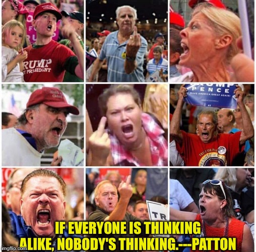 Triggered Trump supporters | IF EVERYONE IS THINKING ALIKE, NOBODY'S THINKING.---PATTON | image tagged in triggered trump supporters | made w/ Imgflip meme maker