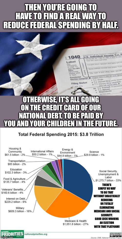 “I’d rather just pay half in taxes, thank you very much!” | THEN YOU’RE GOING TO HAVE TO FIND A REAL WAY TO REDUCE FEDERAL SPENDING BY HALF. OTHERWISE, IT’S ALL GOING ON THE CREDIT CARD OF OUR NATIONAL DEBT, TO BE PAID BY YOU AND YOUR CHILDREN IN THE FUTURE. THERE’S SIMPLY NO WAY TO DO THAT WITHOUT DRASTICALLY REDUCING OR TOTALLY ELIMINATING MEDICARE AND SOCIAL SECURITY. GOOD LUCK WINNING AN ELECTION WITH THAT PLATFORM! | image tagged in taxes patriotic,budget us 2015,taxes,income taxes,budget,budget cuts | made w/ Imgflip meme maker