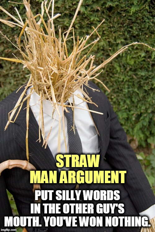 Straw Man | STRAW MAN ARGUMENT PUT SILLY WORDS IN THE OTHER GUY'S MOUTH. YOU'VE WON NOTHING. | image tagged in straw man | made w/ Imgflip meme maker