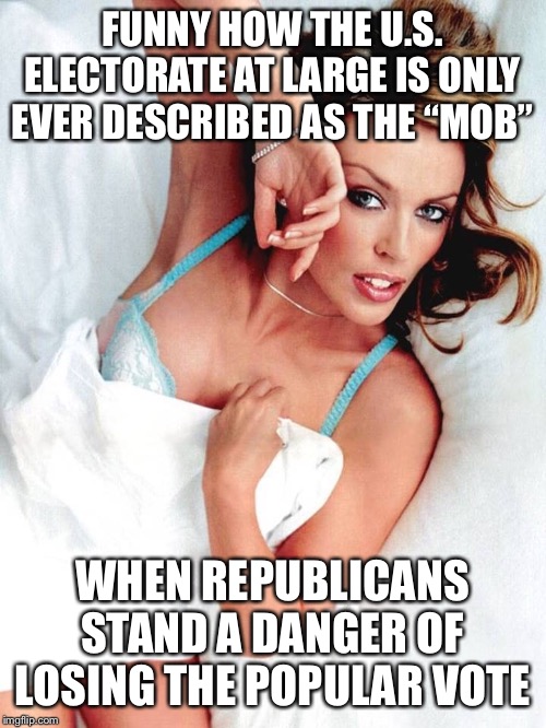 “The mob” is your family, friends, and neighbors.  (But only when the popular vote threatens Republican control of the WH.) | FUNNY HOW THE U.S. ELECTORATE AT LARGE IS ONLY EVER DESCRIBED AS THE “MOB”; WHEN REPUBLICANS STAND A DANGER OF LOSING THE POPULAR VOTE | image tagged in kylie bed teal bra,electoral college,election,elections,election 2016,popular vote | made w/ Imgflip meme maker