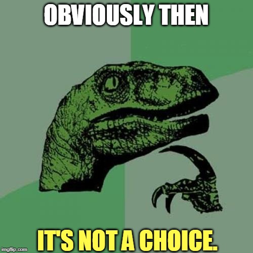 Philosoraptor Meme | OBVIOUSLY THEN IT'S NOT A CHOICE. | image tagged in memes,philosoraptor | made w/ Imgflip meme maker