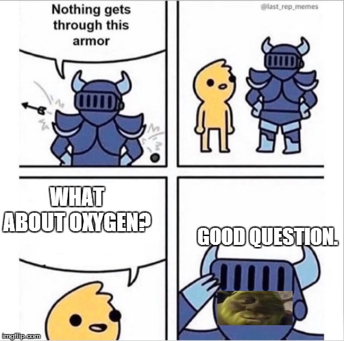 knight armor | WHAT ABOUT OXYGEN? GOOD QUESTION. | image tagged in knight armor | made w/ Imgflip meme maker