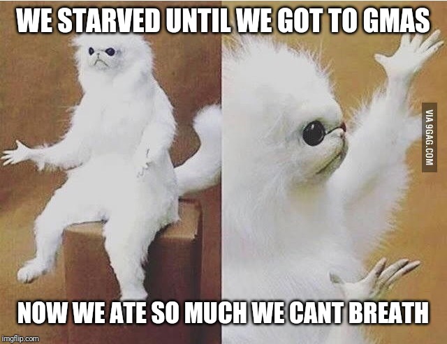 Confused white monkey | WE STARVED UNTIL WE GOT TO GMAS; NOW WE ATE SO MUCH WE CANT BREATH | image tagged in confused white monkey | made w/ Imgflip meme maker