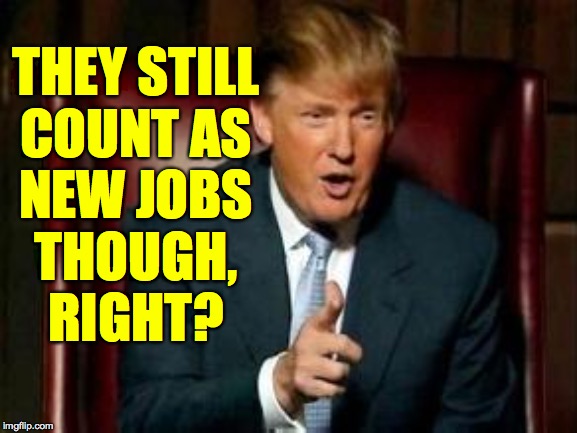Donald Trump | THEY STILL
COUNT AS
NEW JOBS
THOUGH,
RIGHT? | image tagged in donald trump | made w/ Imgflip meme maker