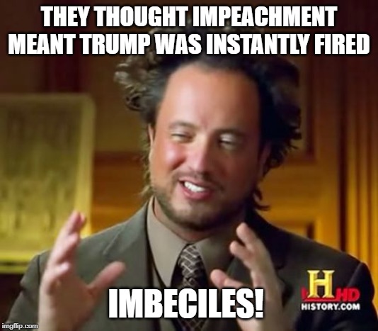 Ancient Aliens Meme | THEY THOUGHT IMPEACHMENT MEANT TRUMP WAS INSTANTLY FIRED; IMBECILES! | image tagged in memes,ancient aliens | made w/ Imgflip meme maker