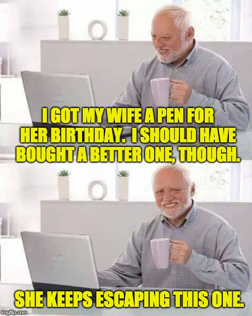 Hide the Pain Harold Meme | I GOT MY WIFE A PEN FOR HER BIRTHDAY.  I SHOULD HAVE BOUGHT A BETTER ONE, THOUGH. SHE KEEPS ESCAPING THIS ONE. | image tagged in memes,hide the pain harold | made w/ Imgflip meme maker
