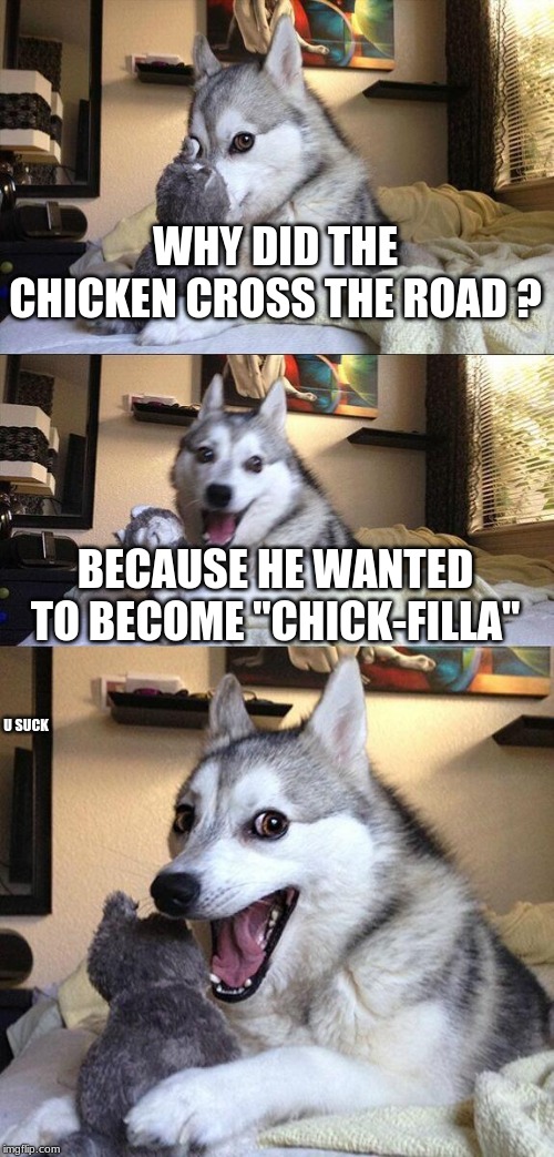 Bad Pun Dog Meme | WHY DID THE CHICKEN CROSS THE ROAD ? BECAUSE HE WANTED TO BECOME "CHICK-FILLA"; U SUCK | image tagged in memes,bad pun dog | made w/ Imgflip meme maker