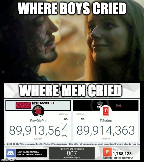  WHERE BOYS CRIED; WHERE MEN CRIED | image tagged in pewdiepie,t-series,avengers endgame | made w/ Imgflip meme maker