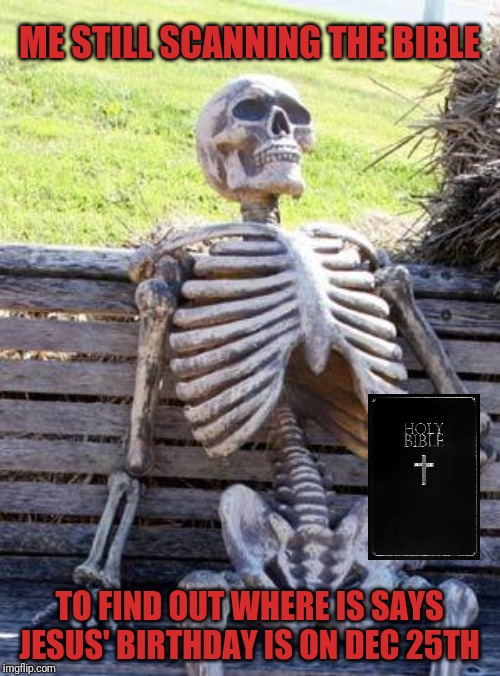 Waiting Skeleton | ME STILL SCANNING THE BIBLE; TO FIND OUT WHERE IS SAYS JESUS' BIRTHDAY IS ON DEC 25TH | image tagged in memes,waiting skeleton | made w/ Imgflip meme maker