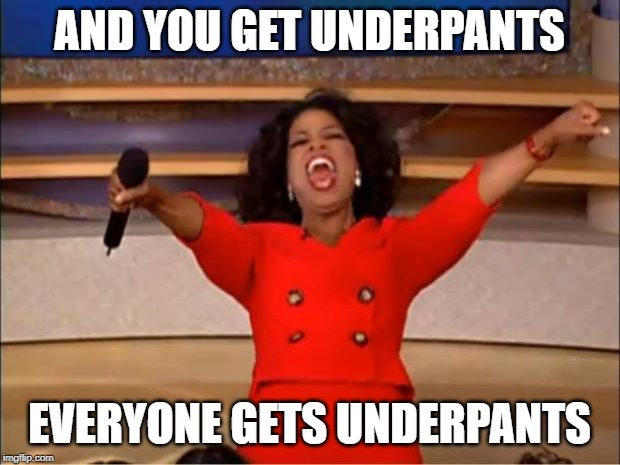 Oprah You Get A Meme | AND YOU GET UNDERPANTS; EVERYONE GETS UNDERPANTS | image tagged in memes,oprah you get a | made w/ Imgflip meme maker