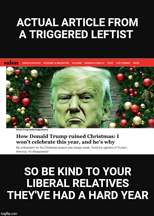 Merry Christmas imgflip | ACTUAL ARTICLE FROM A TRIGGERED LEFTIST; SO BE KIND TO YOUR LIBERAL RELATIVES THEY'VE HAD A HARD YEAR | image tagged in christmas,triggered,trump,president trump,leftists | made w/ Imgflip meme maker