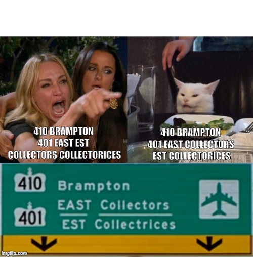 410 BRAMPTON 
401 EAST EST 
COLLECTORS COLLECTORICES; 410 BRAMPTON 
401 EAST COLLECTORS 
EST COLLECTORICES | image tagged in memes,woman yelling at cat | made w/ Imgflip meme maker