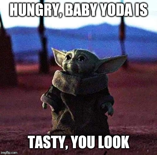 Baby Yoda | HUNGRY, BABY YODA IS TASTY, YOU LOOK | image tagged in baby yoda | made w/ Imgflip meme maker