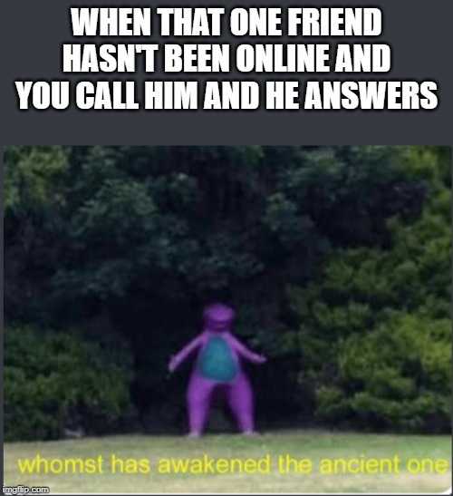 WHEN THAT ONE FRIEND HASN'T BEEN ONLINE AND YOU CALL HIM AND HE ANSWERS | image tagged in whomst,whomst has awakened the ancient one | made w/ Imgflip meme maker
