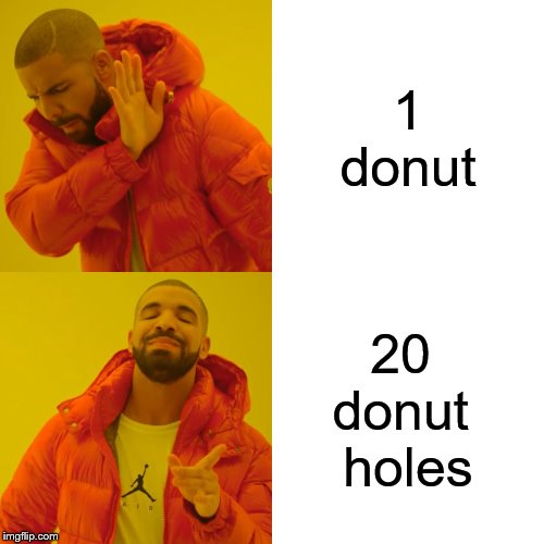 Drake Hotline Bling Meme | 1 donut; 20 
donut 
holes | image tagged in memes,drake hotline bling | made w/ Imgflip meme maker